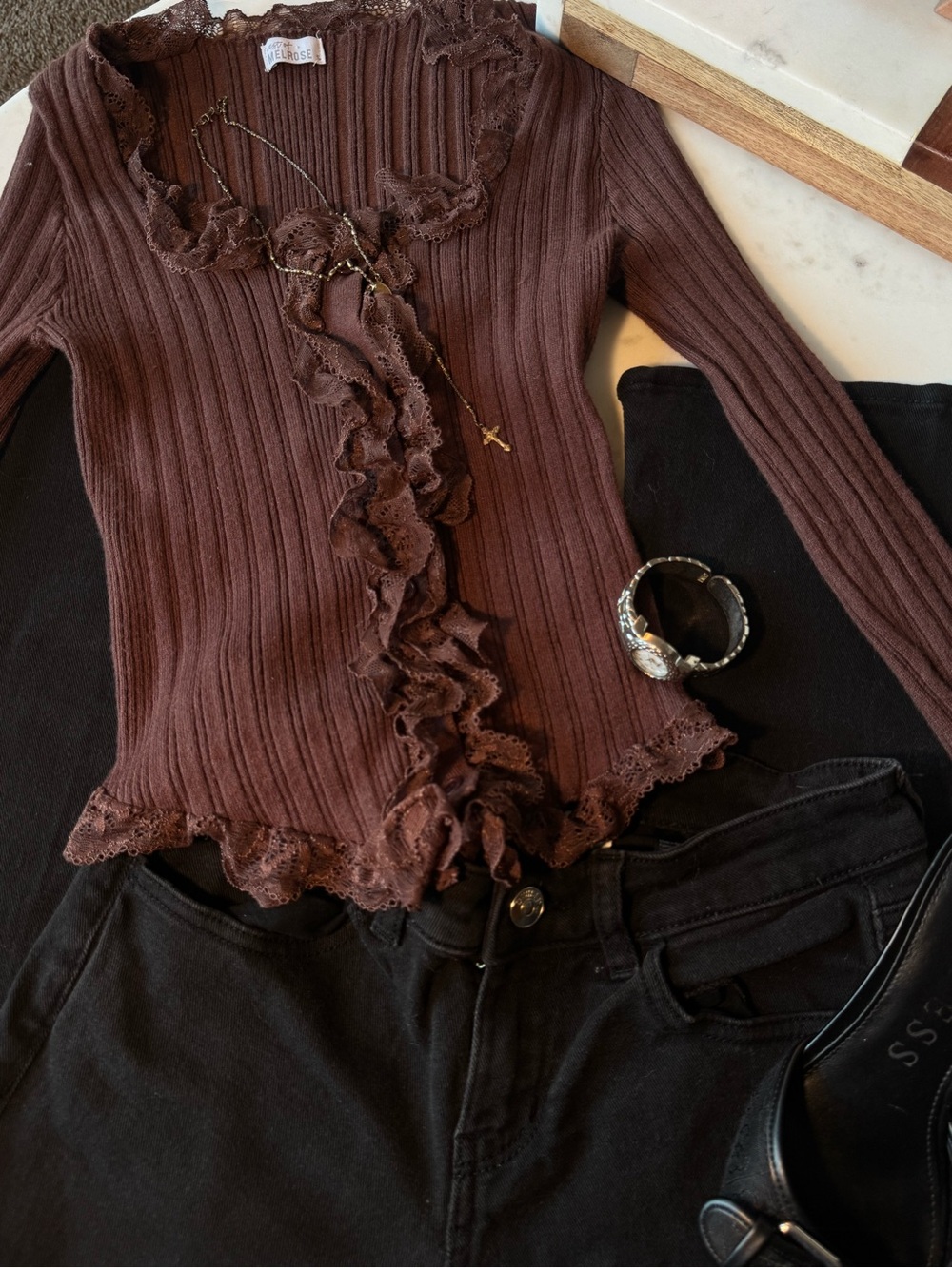 Brown Ruffled Rib-Knit Long Sleeve Top - Picture 3 of 5